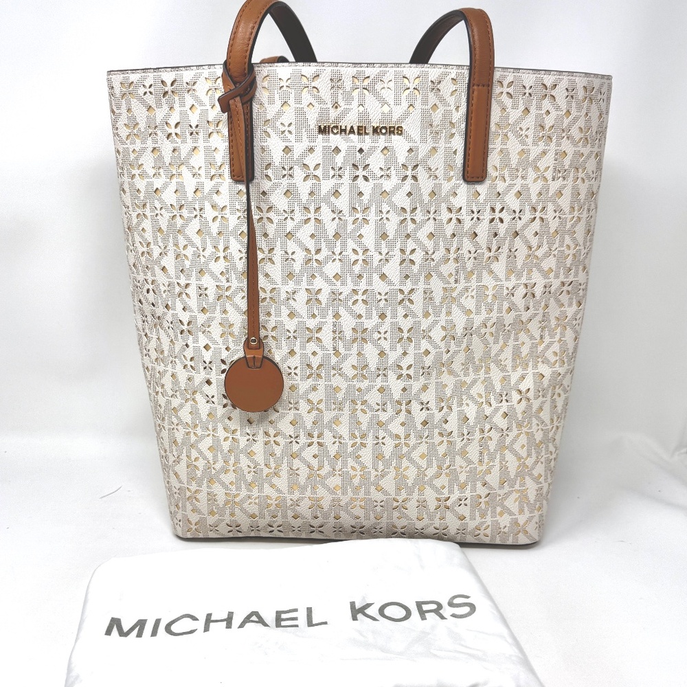 Michael Kors Hayley Floral Perforated Large North South Tote in Vanilla (NWT)